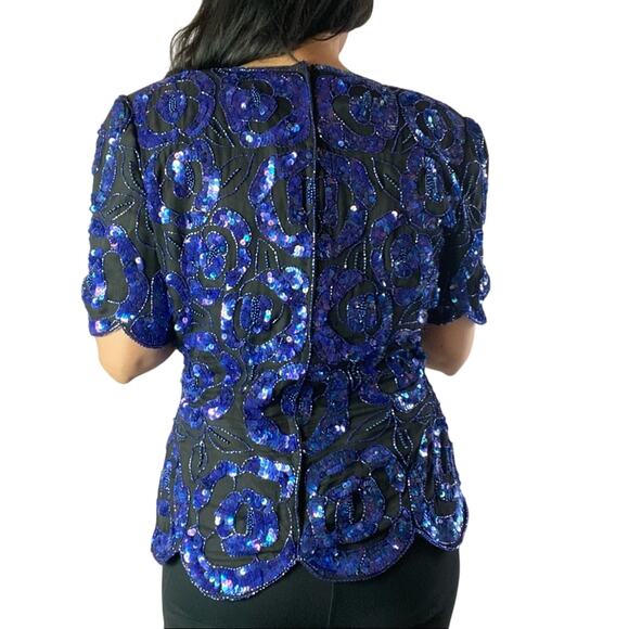 Stenay Vintage Sequin Beaded Blue Blouse Large - Picture 4 of 6